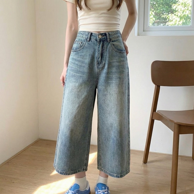 NUNUHANA 여성 여름 빈티지 루즈핏 7부 청반바지