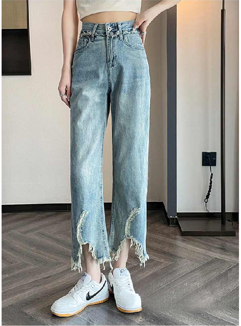 SAHINER 여성 여름 하이웨스트 스트레이트 데님 팬츠 와이드 트리밍 8부 찢청바지 LGAPD15