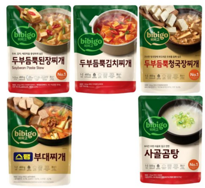 비비고 즉석국 5종 1호(비비고 한우사골곰탕+두부김치+두부된장+두부청국장+스팸부대), 460g, 5개