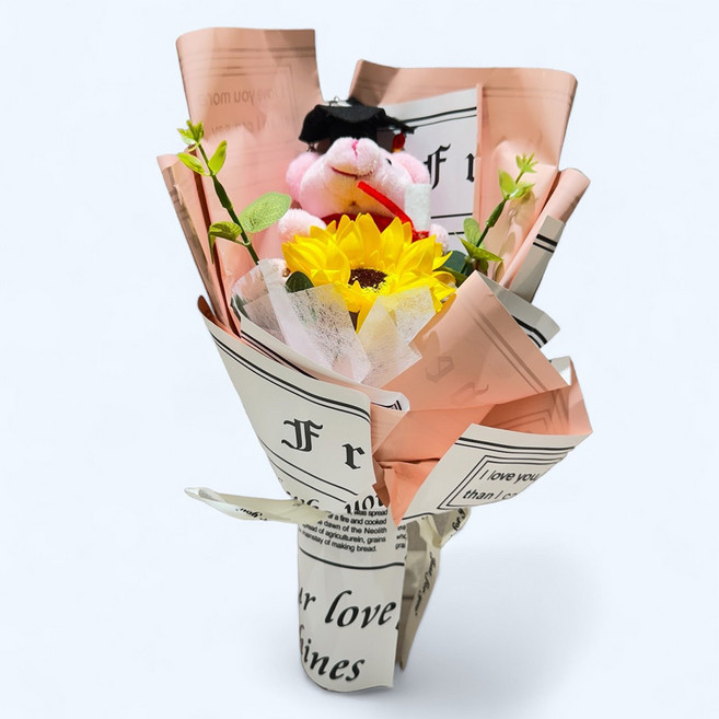 畢業小熊向日葵花束, 粉色學士熊花束, 1個