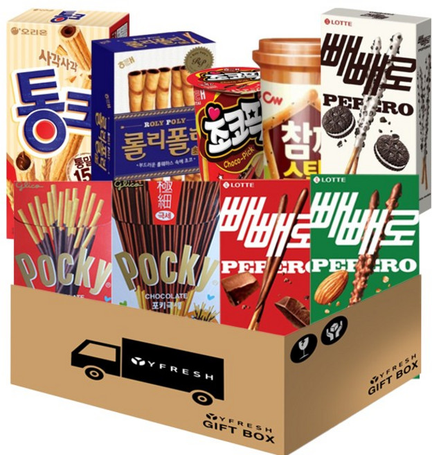 막대과자9종세트(통크 롤리폴리 초코픽 참깨스틱 화이트쿠키빼빼로 빼빼로오리지널 아몬드빼빼로 포키극세 포키오리지널)+ YFRESH박스, 1개