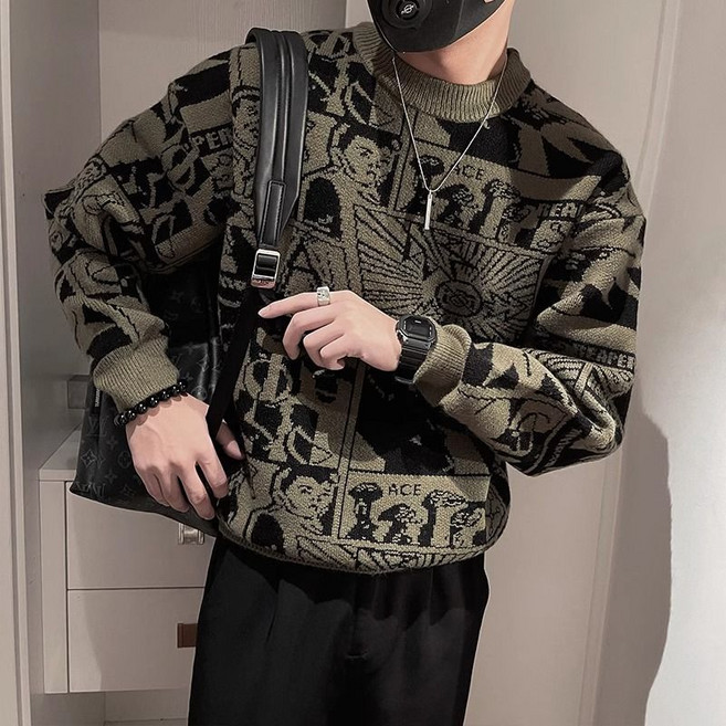 AOKADA 남성 루즈핏 라운드 가을 겨울 니트 스웨터