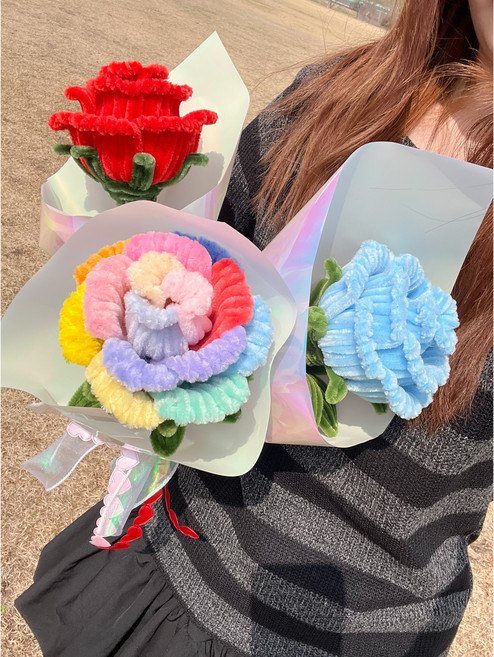 장미 한송이 모루꽃다발 완제품 기념일 입학 졸업식 발표회 성년의날 로즈데이 레드 중형, 구매안함, 블루, 1개