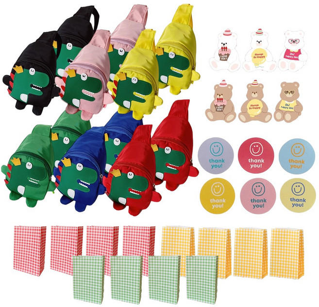 키즈 공룡슬링백(포장봉투 스티커 포함) 어린이집 유치원 생일 선물 답례품 구디백 어린이 아동 유아 키즈 슬링백, 12개, 혼합