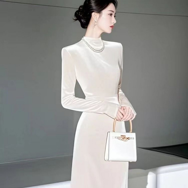 페이준 여성 가을 겨울 반하이넥 벨벳 이너 원피스 정장 드레스 롱스커트 YJ424