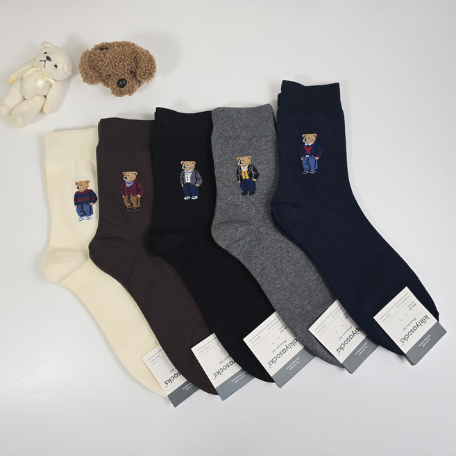곰돌이 남자 남성 패션 양말 신사 정장 학생 장목 발목 무지 중목 면 캐릭터