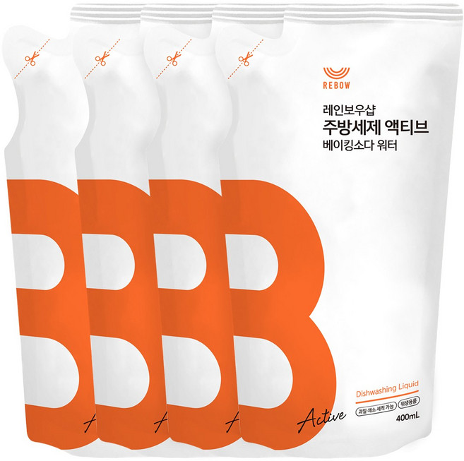 레인보우샵 주방세제 액티브 베이킹소다 워터 리필 4개, 400ml, 1세트
