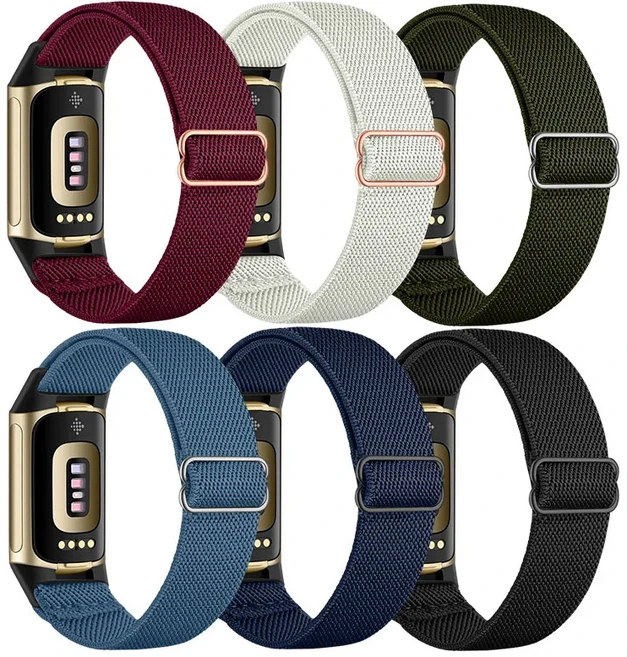 Fitbit Charge 5/6용 나일론 탄성 밴드 6개 부드럽고 신축성 있는 스포츠 스트랩, 01 Set 2