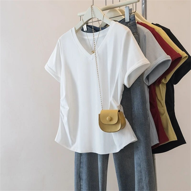 VEZRI 여성 여름 빅사이즈 V넥 정숄더 반팔 티셔츠 허리라인 잡아주는 슬림핏 배꼽커버 디자인 심플 상의