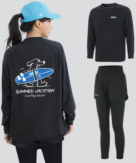 여자 루즈핏 긴팔 래쉬가드 상의 + 반바지 레깅스 하의 팬츠 세트 비치웨어 체형커버 자외선차단 휴양지 바캉스룩