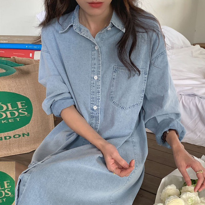 르엠마 오버핏 데님 셔츠 롱 봄 가을 원피스