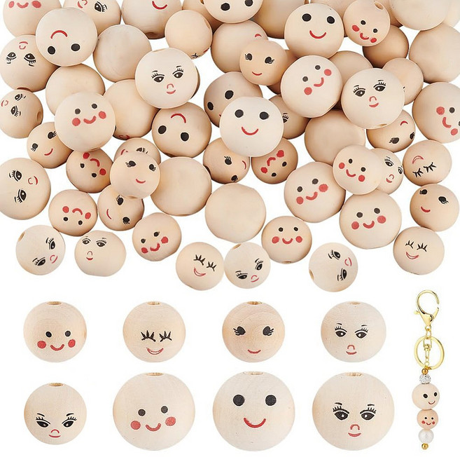 64개 8가지 스타일의 프린트된 유럽산 나무 구슬 큰 구멍의 둥근 구슬 (스마일 얼굴 패턴) 염색되지 않은 벌리우드 재질 크기: 17~24.5x17~22.5mm, 베이지