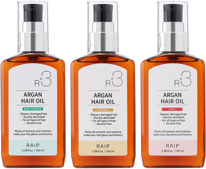라입 R3 아르간 헤어 오일 베이비파우더+오리지널+러블리, 3개, 100ml