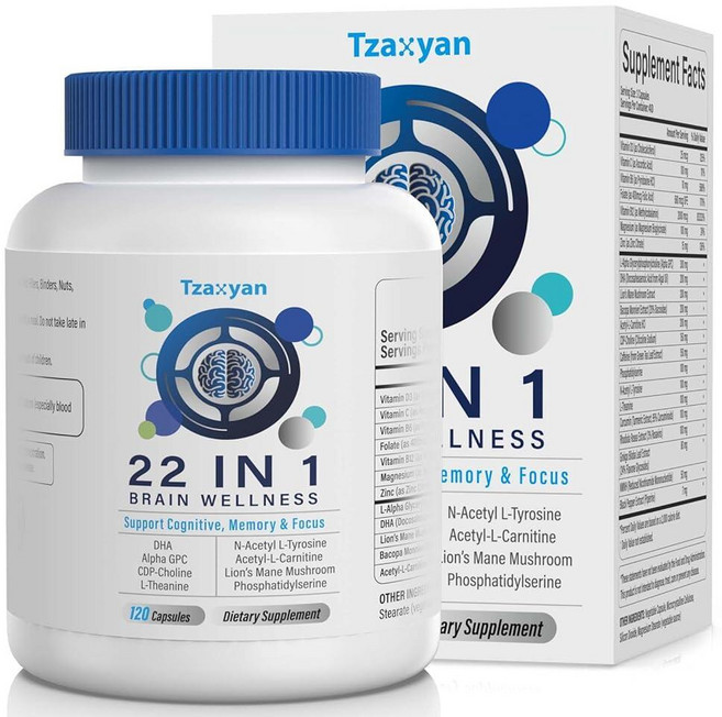 Tzaxyan 기억력과 집중력을 위한 뇌 보충제 선명도 및 인지 개선 알파 GPC CDP-콜린 DHA 사자 갈기 L-테아닌 비타민 및 포스파티딜세린 남성 및 여성, 40 Count (Pack of 3)