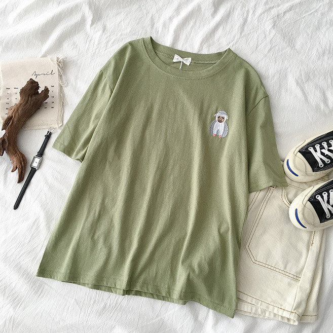 小蘭優購 女裝 寬鬆顯瘦短版刺繡圓領T恤
