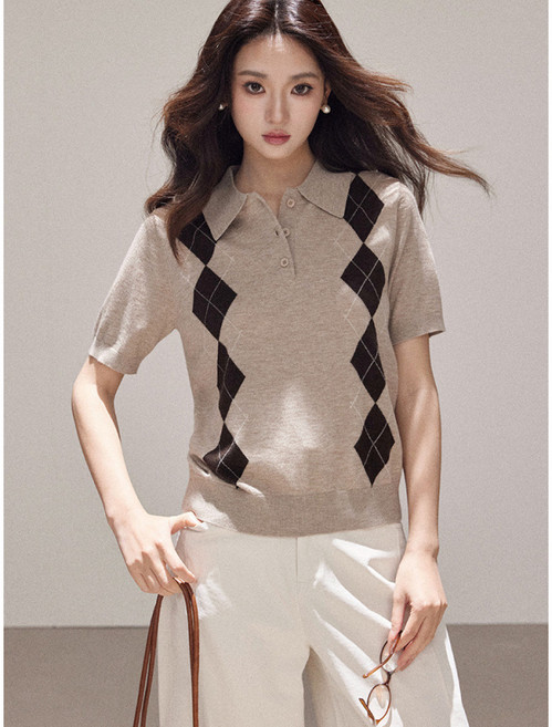 봄여름 신상품 다이아몬드 패턴 울 반소매 니트 배색 티셔츠 여성용 상의