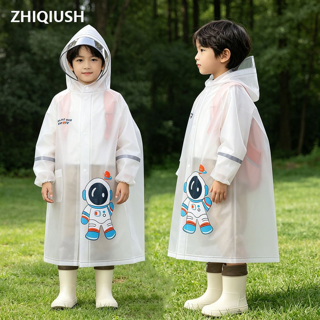 兒童雨衣 小學生/幼兒園 防水防暴雨 加厚全身雨披, 1個, 白色宇航員【書包位+大帽檐】2XL建議身高145-160厘米