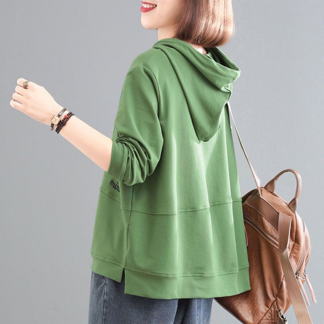 Neirny 중년여성 빅사이즈 후드 맨투맨 긴팔 티셔츠 봄가을 간절기 스판 엄마룩 루즈핏 자수 빈티지 심플 캐주얼 상의