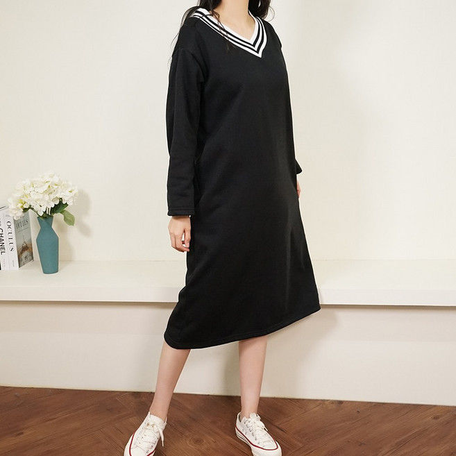 빅걸스토리 빅사이즈 여성 국내제작 요꼬 브이넥 기모 겨울 데일리 원피스