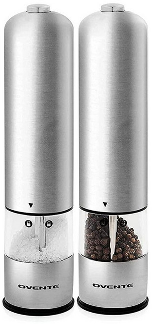 Ovente 전기 스테인리스 스틸 톨 바다 소금 후추 그라인더 세라믹 블레이드 2팩 실버 SPD112S 262237, Silver - SPD112S, 1개, 1) Silver  SPD112S