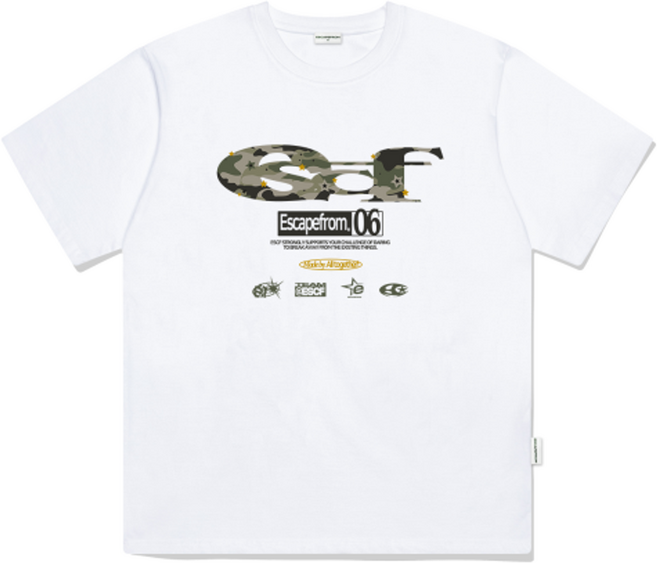매장정품 이스케이프프롬 ESCAPEFROM 스타 카모 ESCF 로고 콜라주 프린트 오버핏 반팔티 화이트 E251OTS 147825