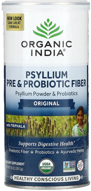 Organic India 차전자피 프리바이오틱 앤드 프로바이오틱 식이섬유 오리지널 283.5g(10oz), 2병, 5g - 쿠팡