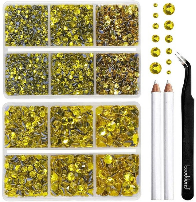Beadsland(비즈랜드)핫픽스 라인석 옷 공예용 라인석 펜슬과 핀셋이 포함된 6가지 사이즈 혼합 키트, 6080개, 황수정