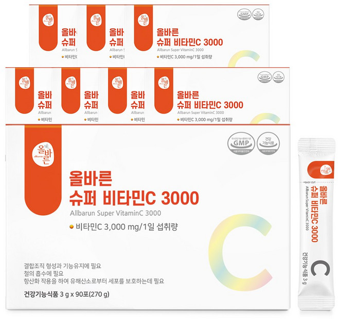 [본사정품]올바른 고함량 슈퍼 비타민C 3000 100% 식약처인증 대용량, 8박스, 90회분
