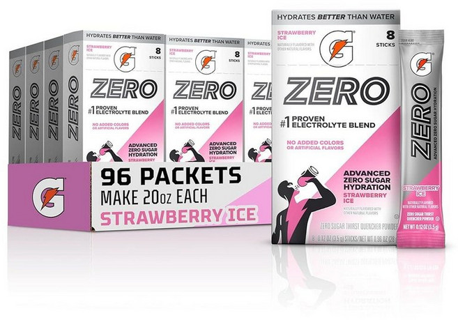 Gatorade Zero Sugar 전해질 파우더 드링크 믹스 빙하 체리 (96회분) 인공 향료 없음 색소 무첨가 설탕 스포츠 음료 수분 공급 음료 141770, Strawberry Ice