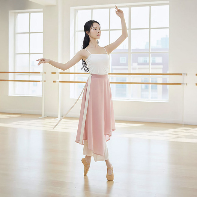 위즈맥스 뮤즈플로잉 여성 무용 와이드 밴딩 팬츠 한국무용 현대무용 쉬폰 치마바지 풀치마 연습복 무용복, L, 핑크