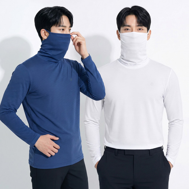 <투엘라> (1+1) 남성 쿨 마스크 일체형 긴팔티 / 기능성 아이스 냉감 아웃도어 스포츠 골프 이너 레이어드 스판 마스크 티셔츠