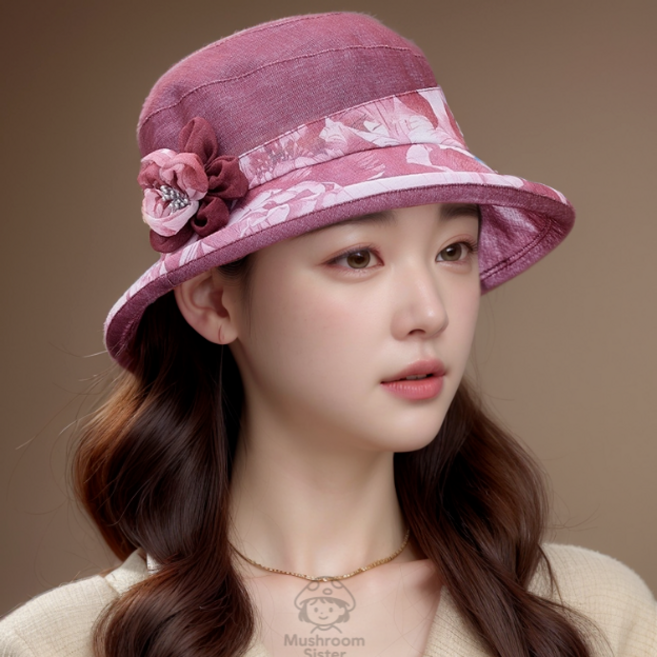 버섯언니 H21 꽃무늬 코사지 60대 예쁜 엄마 중년 챙모자 둥근챙 벙거지