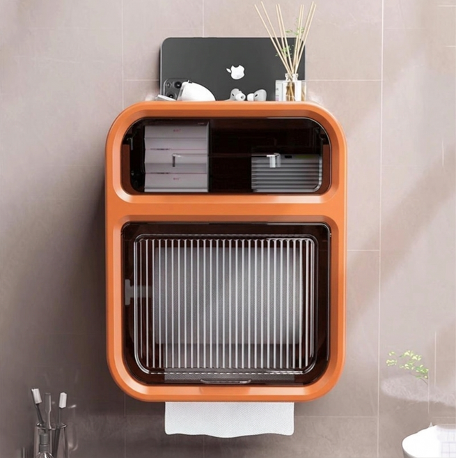 브루코 무타공 수납 선반형 휴지걸이, 1개, 오렌지