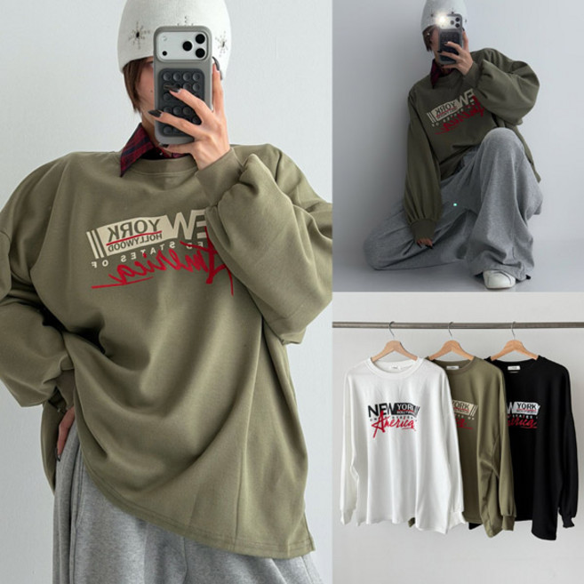 여성 빅사이즈 오버핏 라운드넥 롱 박스티 데일리 긴팔 티셔츠