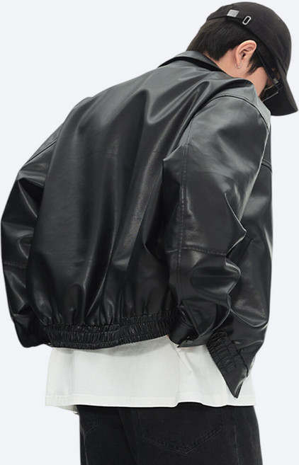 에브리핏 남자 오버핏 카라넥 인조 가죽 자켓 루즈핏 블랙 레더 블루종 간절기 아우터