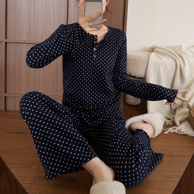 아르앤유 여성 면혼방 하트 자카드 단추 긴팔 파자마 세트 홈웨어 잠옷