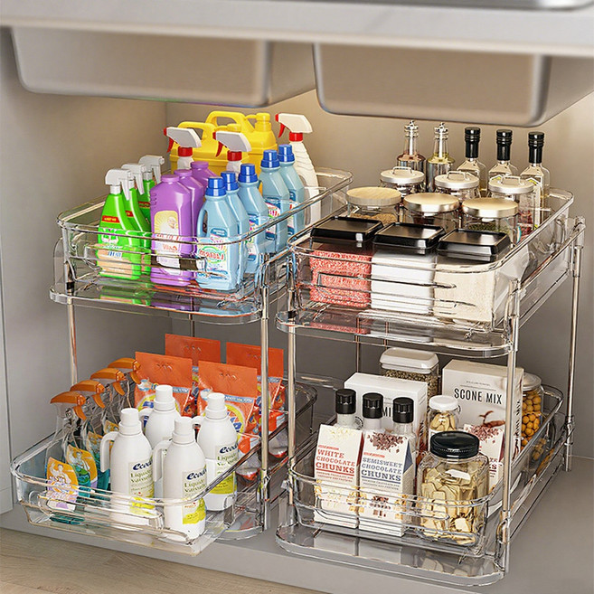 LADERIVE 싱크대 수납장 2단 슬라이드 주방 선반 서랍장 양념통 선반 수납 정리 선반, 투명해요., 1개
