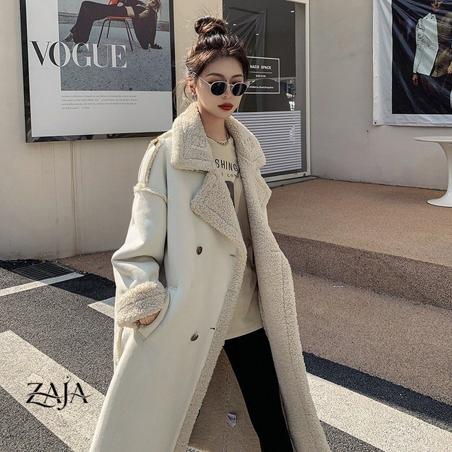 ZAJA 여성 겨울 크림 스웨이드 롱 코트 캐주얼 오버핏 털안감 아우터