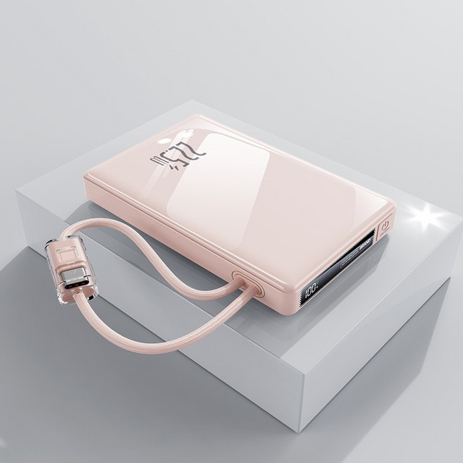 RYZO 미러링 UV 디자인 보조배터리 10000mAh 22.5W 초고속 충전 듀얼 케이블 초슬림 듀얼 냉각, 핑크, YM-1224