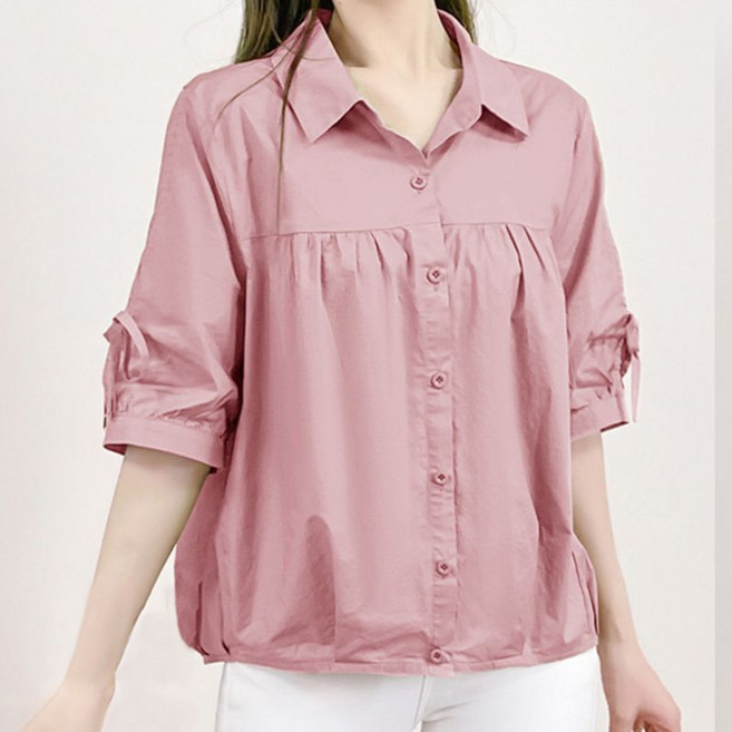 씨유언니 여성 면 100% 반팔 블라우스 데일리 통기성 반팔 셔츠 루즈핏 카라넥 남방