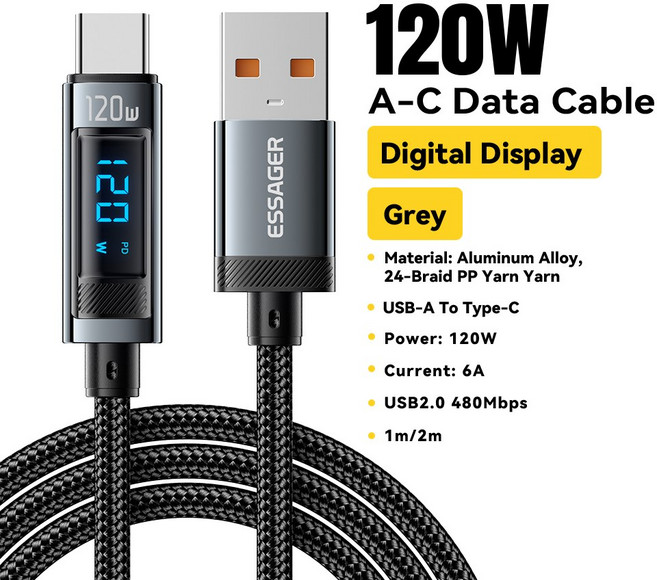 ESSAGER 120W USB 코드 유형 케이블이있는 충전기 디스플레이 LED 12 14 케이블 C 충전 디지털 IPHONE HUAWEI 용 13 고속 15, Grey 120W A TO C, 1m, 1개