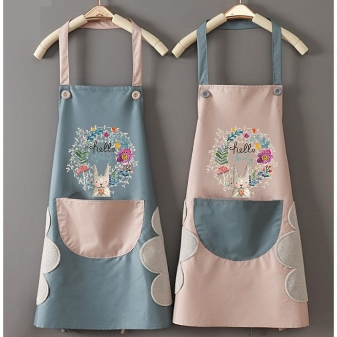 로지 플라워 래빗 방수 앞치마 2종 세트, 블루 + 베이지, 1세트