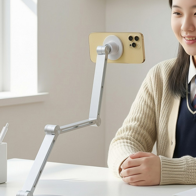 맥세이프 마그네틱 핸드폰 태블릿 아이패드 자바라 거치대 누워서 유튜브 침대 항공샷 수직 촬영, 실버