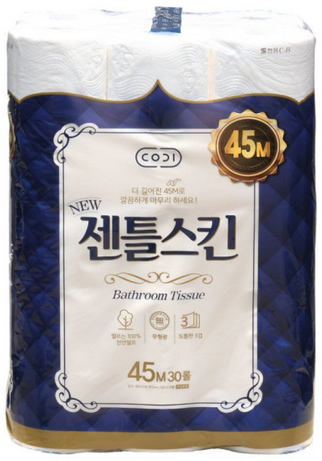 코디 젠틀스킨 3겹 화장지 40m 30롤 (45m 30롤로 변경), 45m, 30개