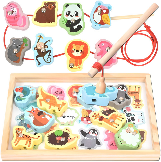 목제 블럭 실꿰기 자석 낚시놀이 교구, 동물, 1개