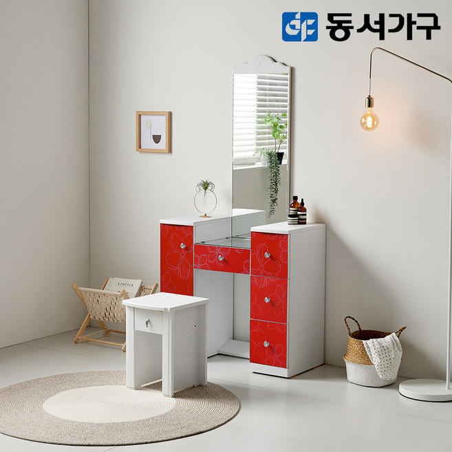 동서가구 케이B 수납 800 화장대 장거울 의자세트 DF63051A, 화이트플라워
