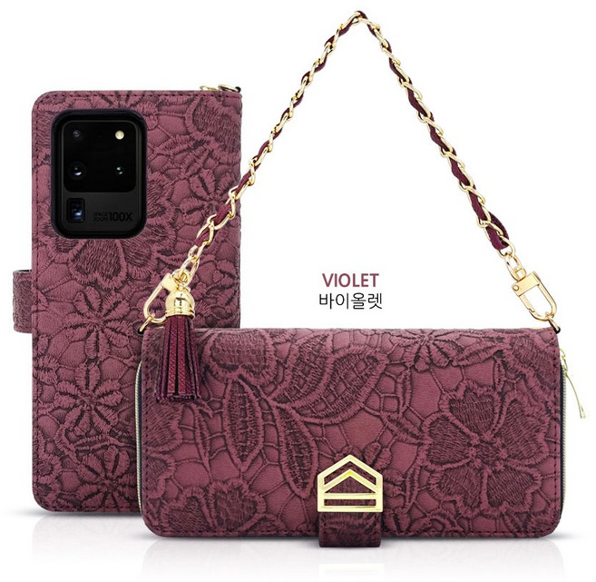 아이수트 갤럭시 S22 울트라 플러스 지갑형 케이스 최고급 원단 자수 입체 플라워 현금수납 카드포켓 핸드폰 다이어리 케이스 체인 스트랩 + 가죽원단 스트랩 2개 제공