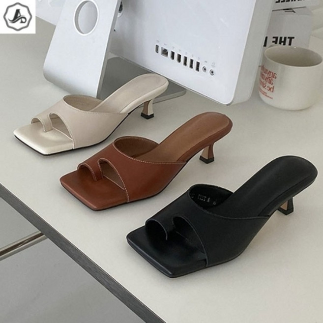 애슬릿 가죽 뮬 힐 엄지 쪼리 스티치 라인 발편한 슬리퍼 5cm