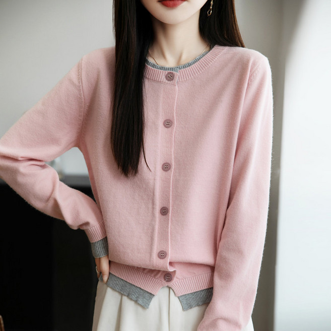 여성 레이어드 가디건 투톤 라운드 가디건 소프트 프리미엄 데일리 캐주얼 아우터