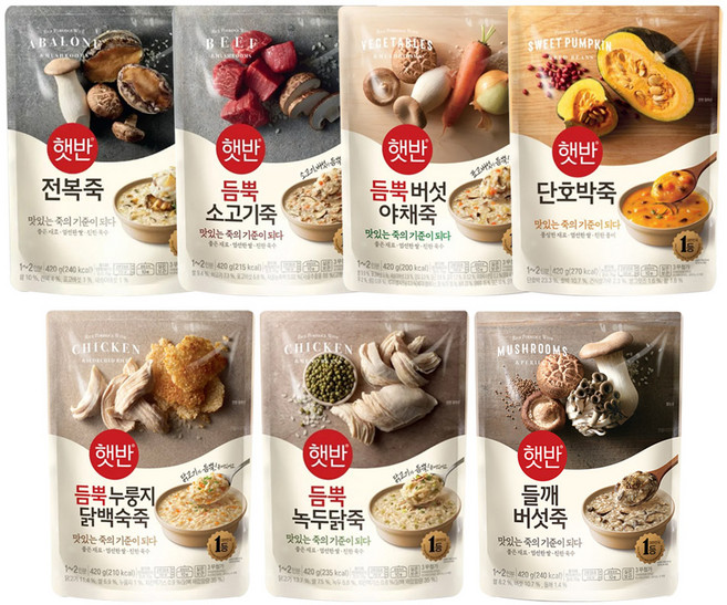 cj 비비고 죽 420gx 7종 (녹두닭죽 들깨죽 소고기죽 전복죽 버섯야채죽 단호박죽 새우계란죽 ), 1세트, 420g